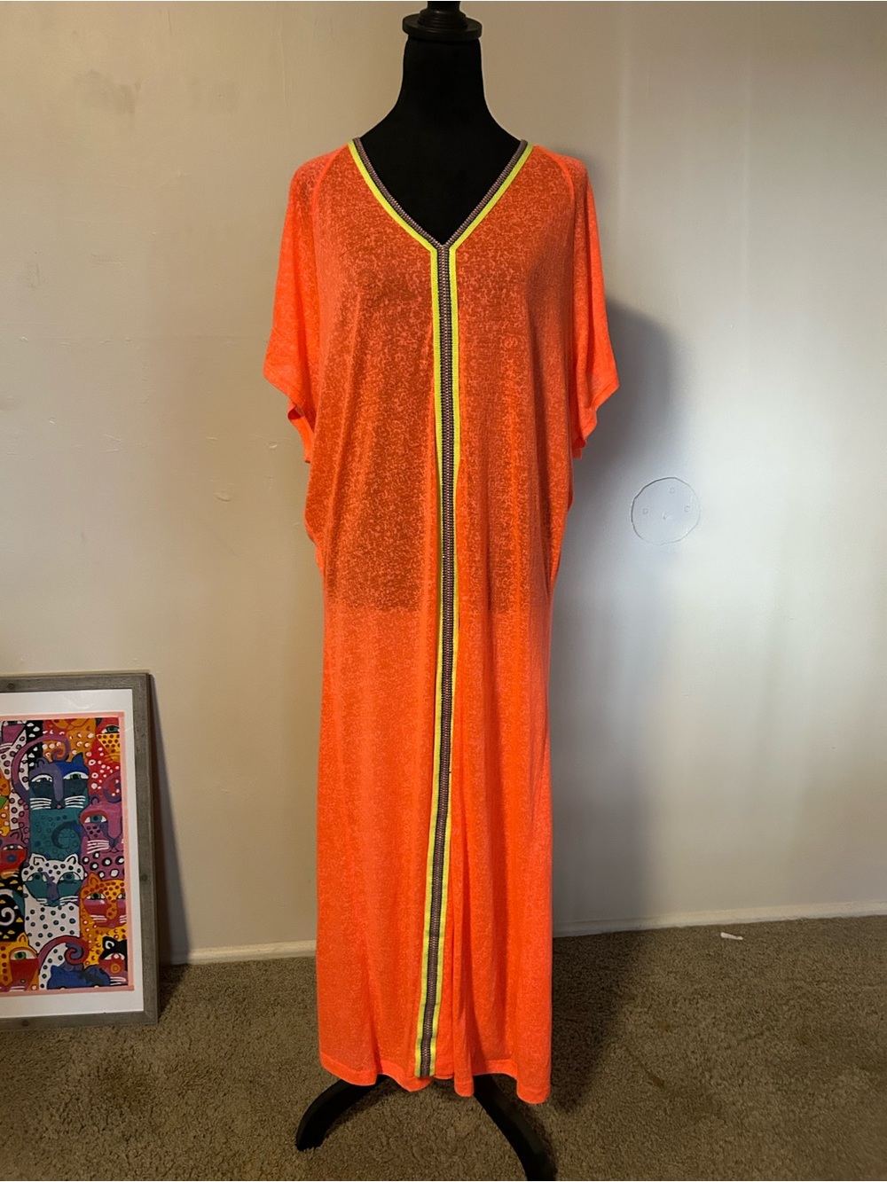 Pitusa Neon Orange Sheer Maxi Cover-Up with Stripe Trim